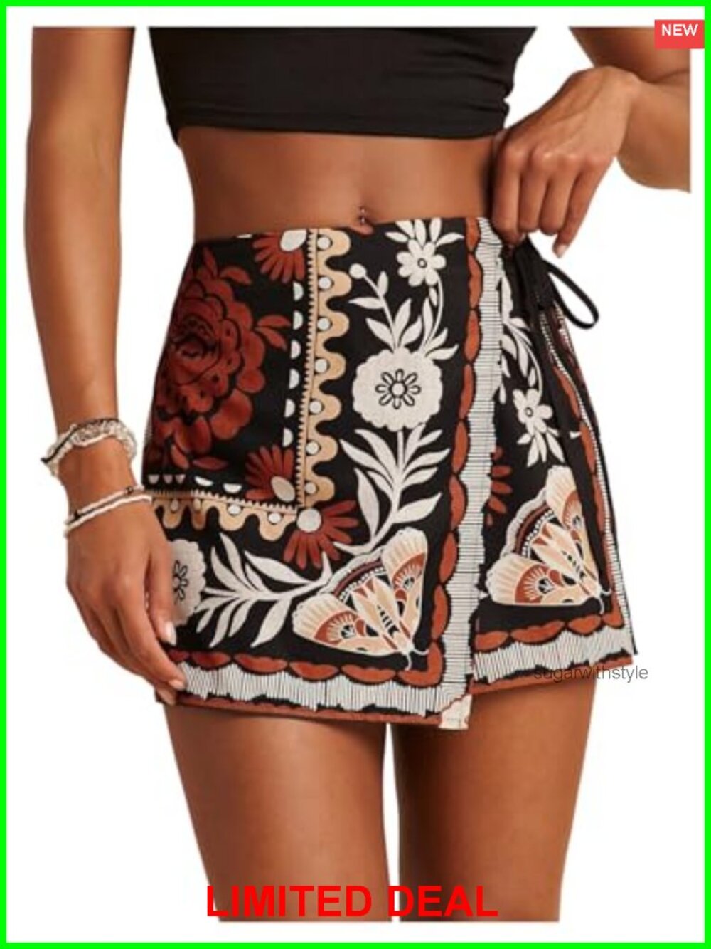 Boho Floral Mini Wrap Skorts with Tie Side High Waist